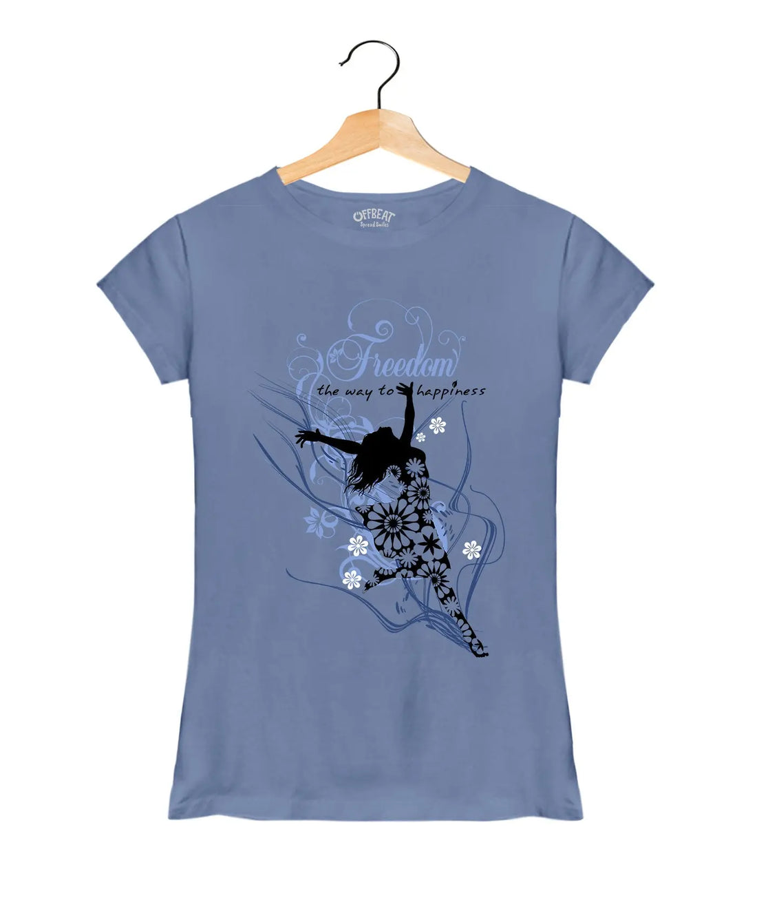 "Freedom" - Women’s T-Shirt –  Premium Round Neck - Pigeon Blue - 100% Cotton Offbeat