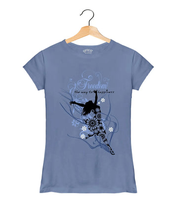 "Freedom" - Women’s T-Shirt –  Premium Round Neck - Pigeon Blue - 100% Cotton Offbeat