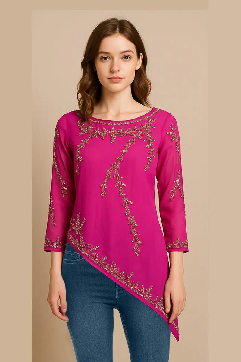 Fuchsia Embellished Georgette Tunic – Asymmetric Partywear by Indigo Ethnics INDIGO ETHNICS
