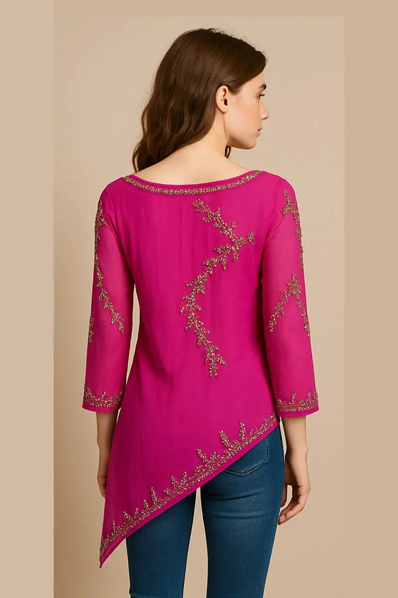 Fuchsia Embellished Georgette Tunic – Asymmetric Partywear by Indigo Ethnics INDIGO ETHNICS