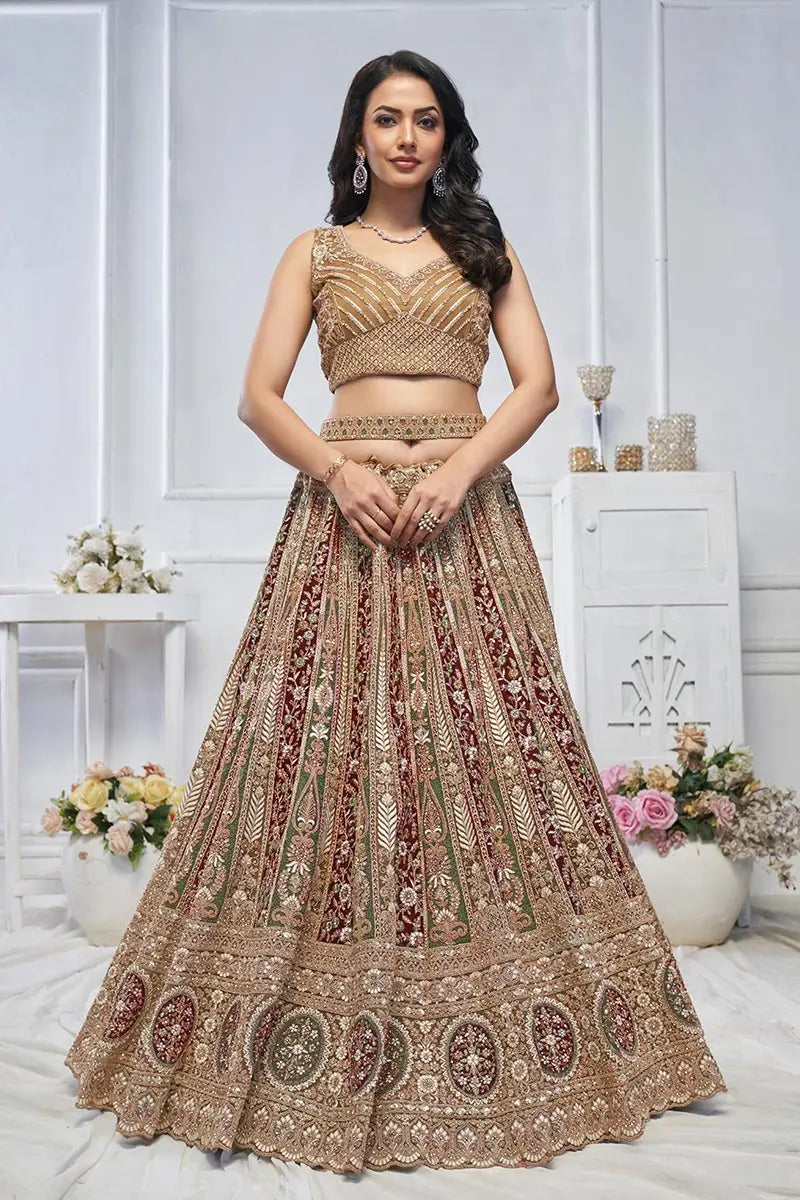Golden Heavy Embroidered Bridal Lehenga with Mirror & Zari Detailing KSR