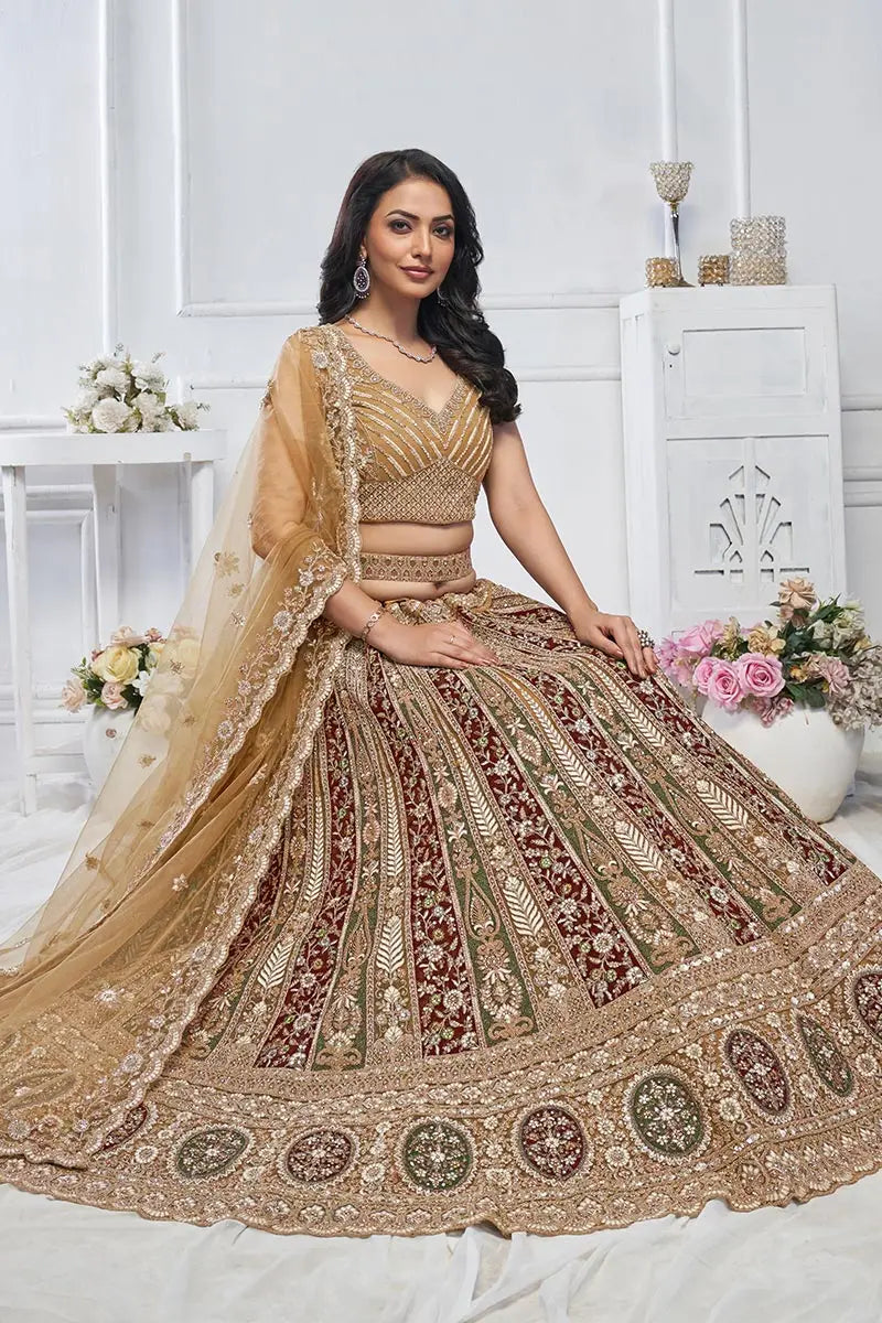 Golden Heavy Embroidered Bridal Lehenga with Mirror & Zari Detailing KSR