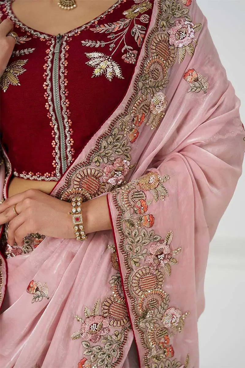 Graceful Pink Zari and Sequins on Rich Fendi Silk Saree KSR