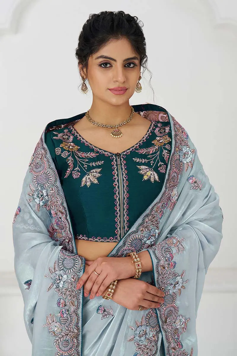 Graceful grey in Rich Silk Fendi Saree with Zari and Sparkling Sequins KSR