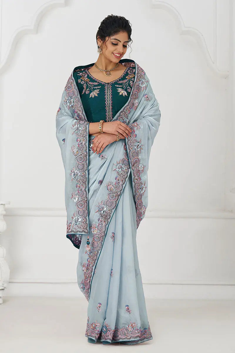 Graceful grey in Rich Silk Fendi Saree with Zari and Sparkling Sequins KSR