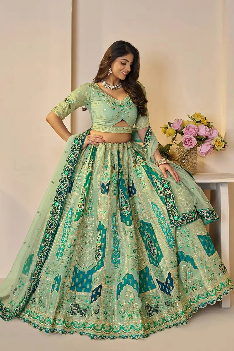 Green Banarasi silk lehengas with Sequin & Zari Work KSR