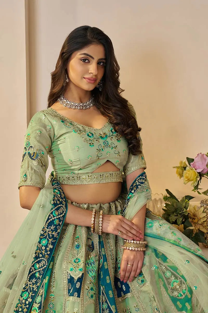Green Banarasi silk lehengas with Sequin & Zari Work KSR