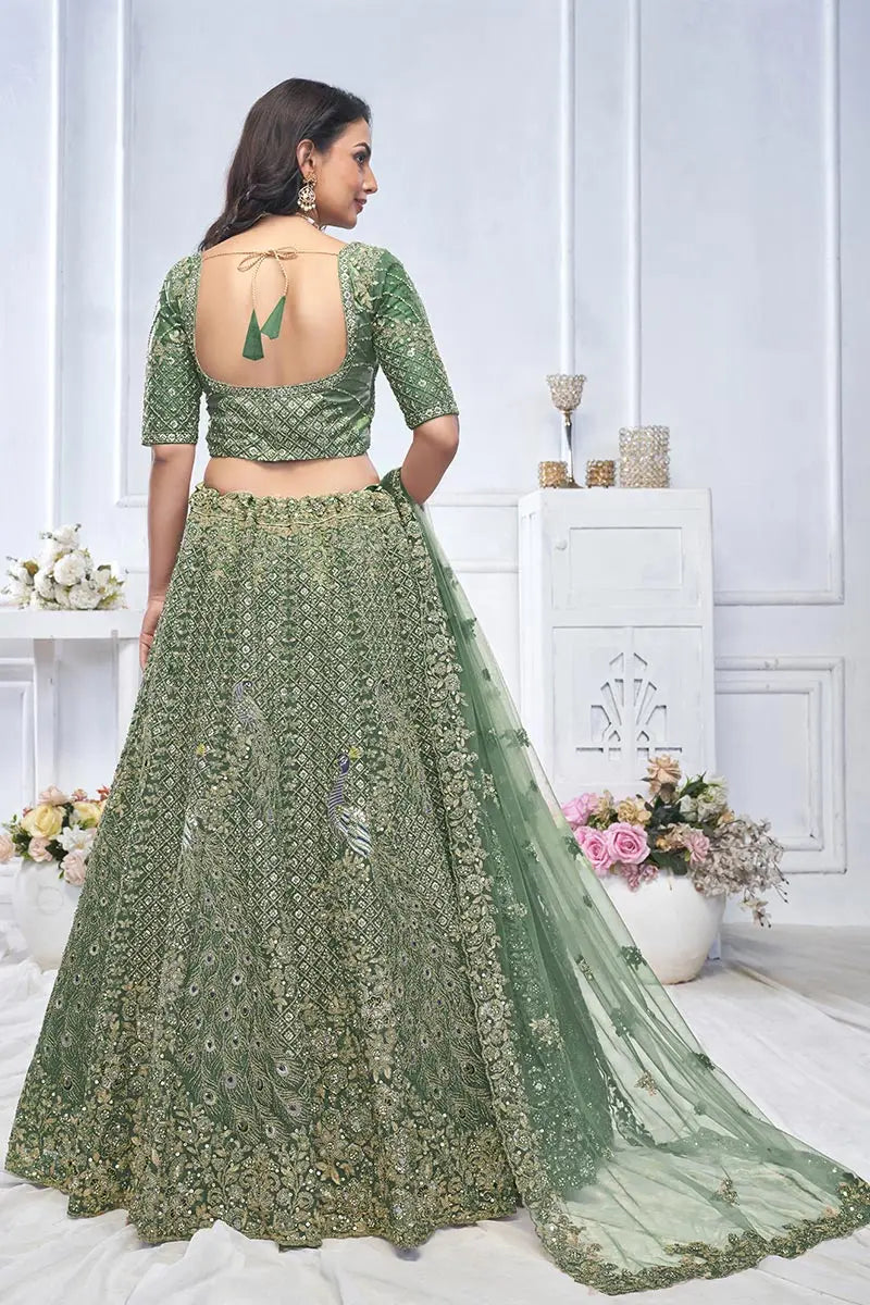 Green Heavy Embroidered Bridal Lehenga with Mirror & Zari Detailing KSR