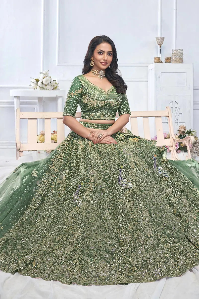 Green Heavy Embroidered Bridal Lehenga with Mirror & Zari Detailing KSR