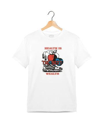 "Health Is Wealth" - Juniors Unisex T-Shirt –  Premium Round Neck - White - 100% Cotton Offbeat