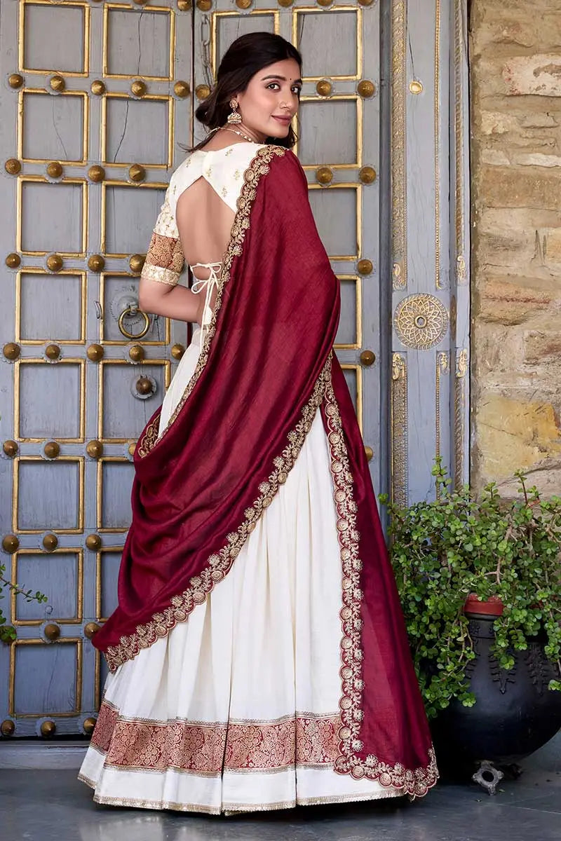 Ivory & Maroon Bridal Lehenga Choli Set with Dupatta – Classic Festive/Functionwear RTI