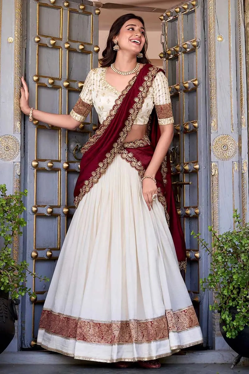 Ivory & Maroon Bridal Lehenga Choli Set with Dupatta – Classic Festive/Functionwear RTI