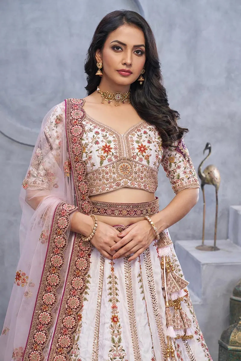 Ivory & Purple Floral Embroidered Bridal Lehenga with Heavy Zari & Sequin Work KSR