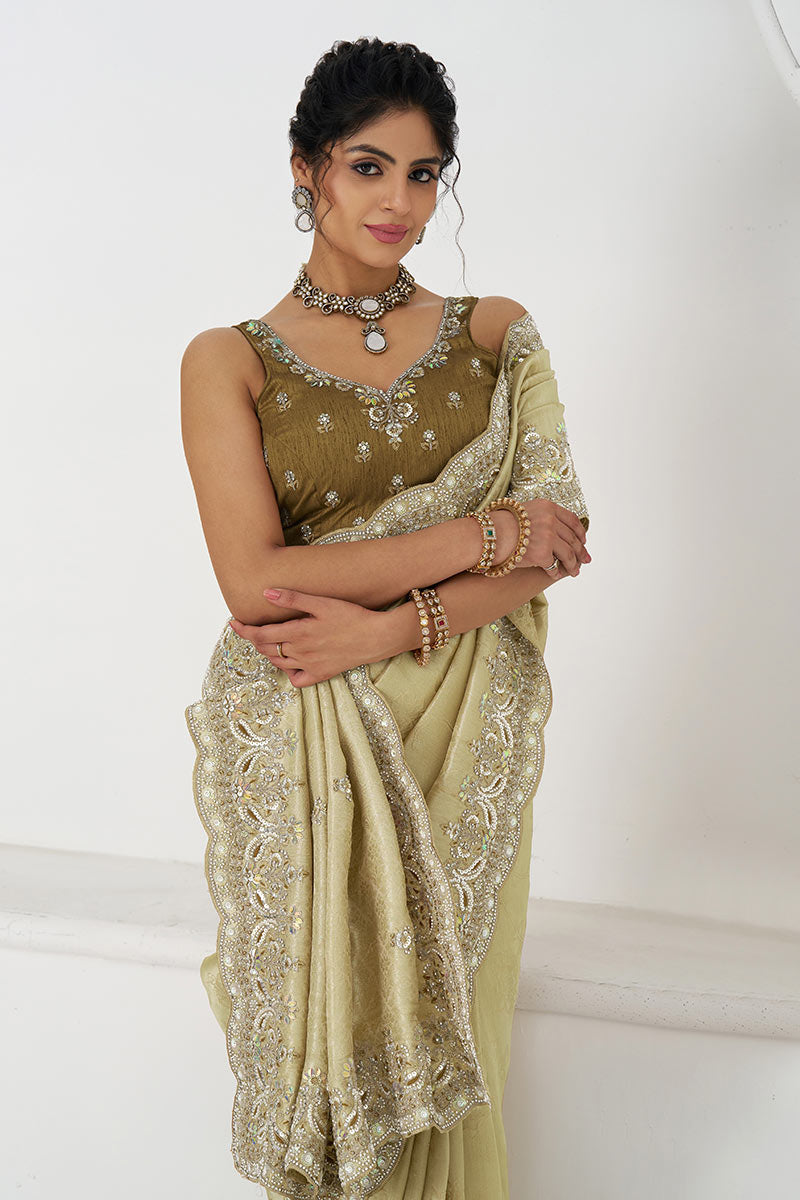 Champagne Chiku Silk Saree with Sequin Embroidery KSR