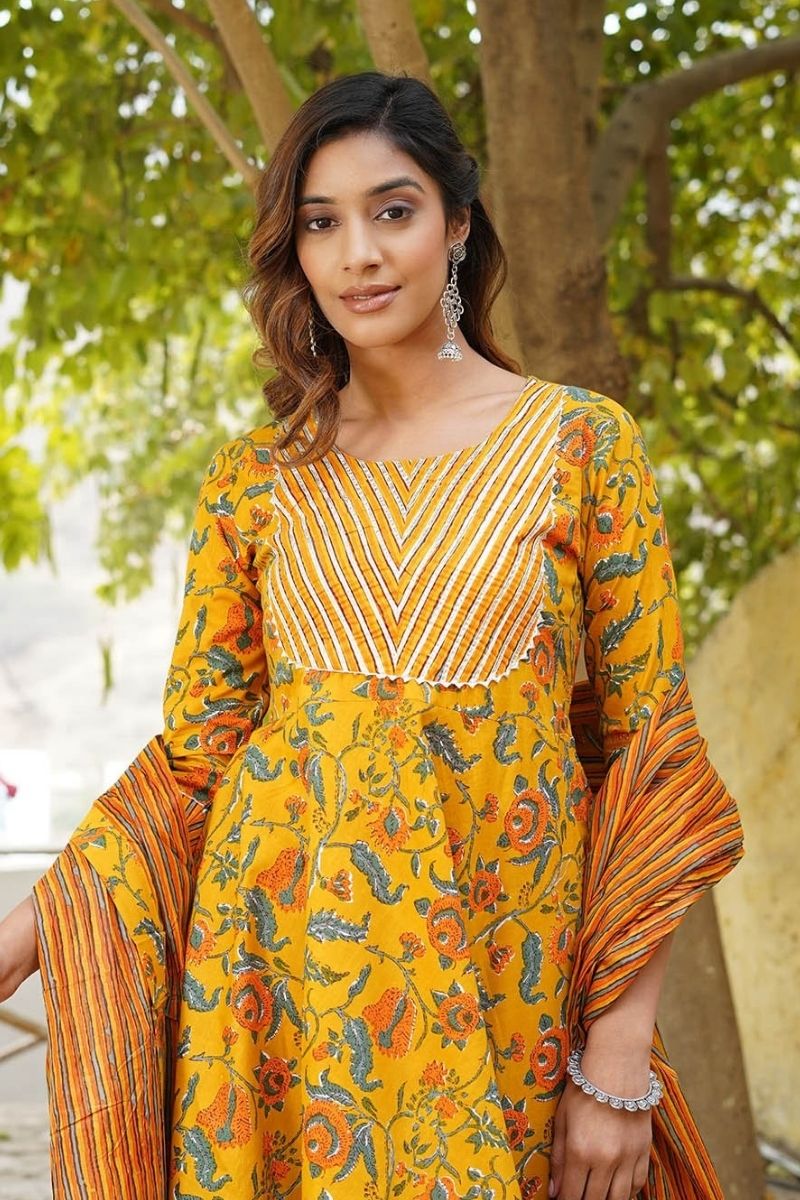 Mustard Yellow Floral Cotton Kurta Set with Dupatta KF