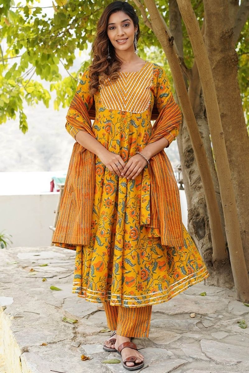 Mustard Yellow Floral Cotton Kurta Set with Dupatta KF