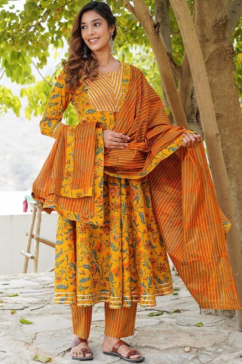 Mustard Yellow Floral Cotton Kurta Set with Dupatta KF