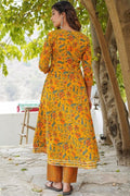 Mustard Yellow Floral Cotton Kurta Set with Dupatta KF