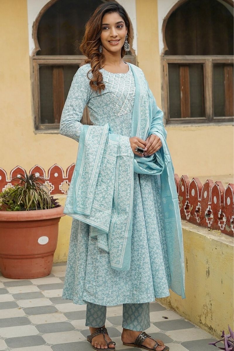 Sky Blue Floral Cotton Kurta Set with Dupatta KF