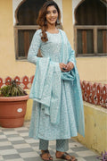 Sky Blue Floral Cotton Kurta Set with Dupatta KF