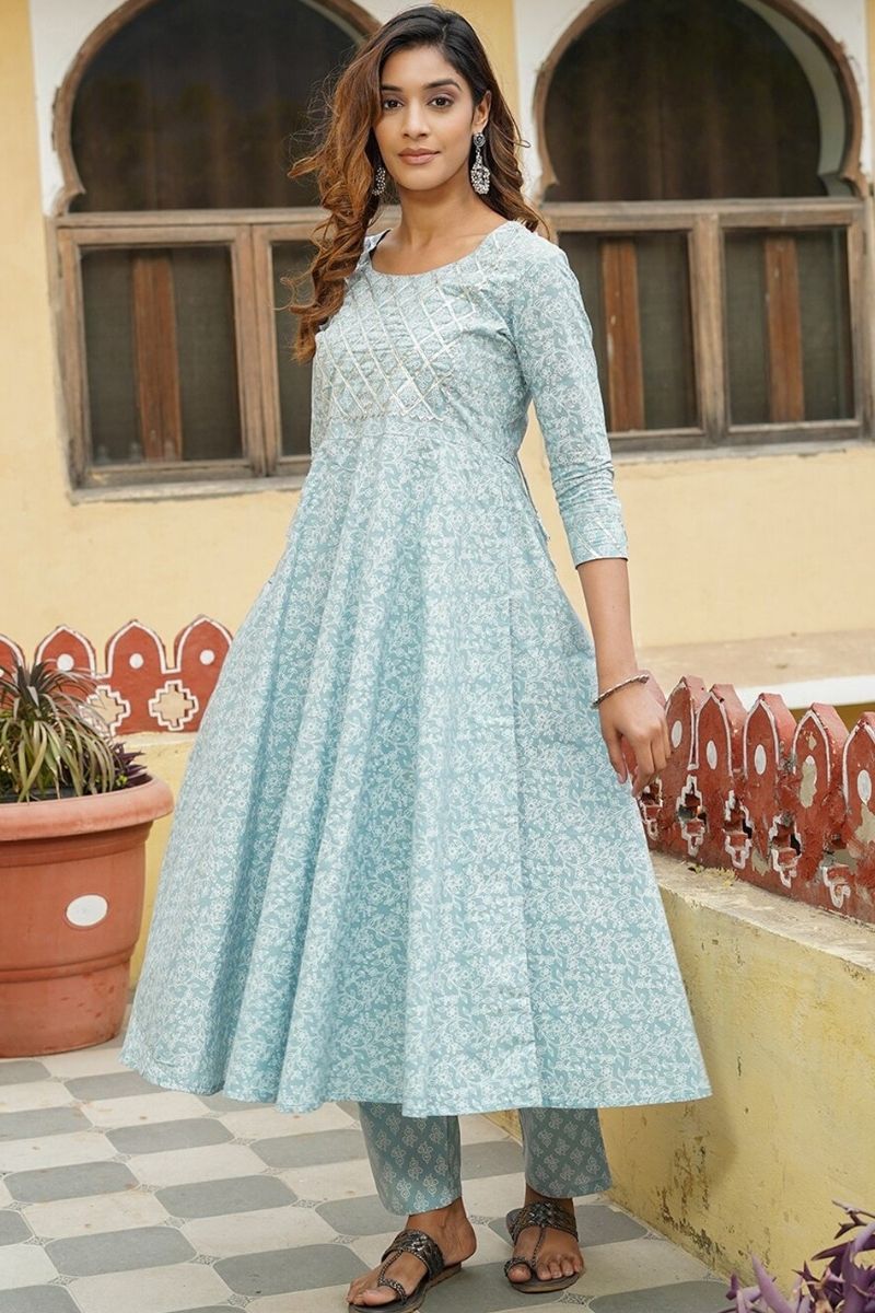 Sky Blue Floral Cotton Kurta Set with Dupatta KF