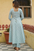 Sky Blue Floral Cotton Kurta Set with Dupatta KF