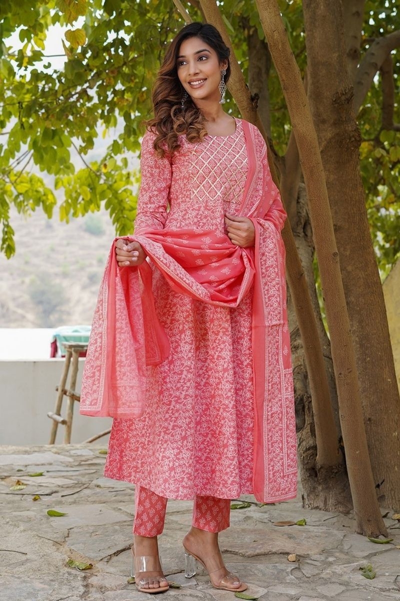 Pink Floral Cotton Kurta Set with Dupatta KF