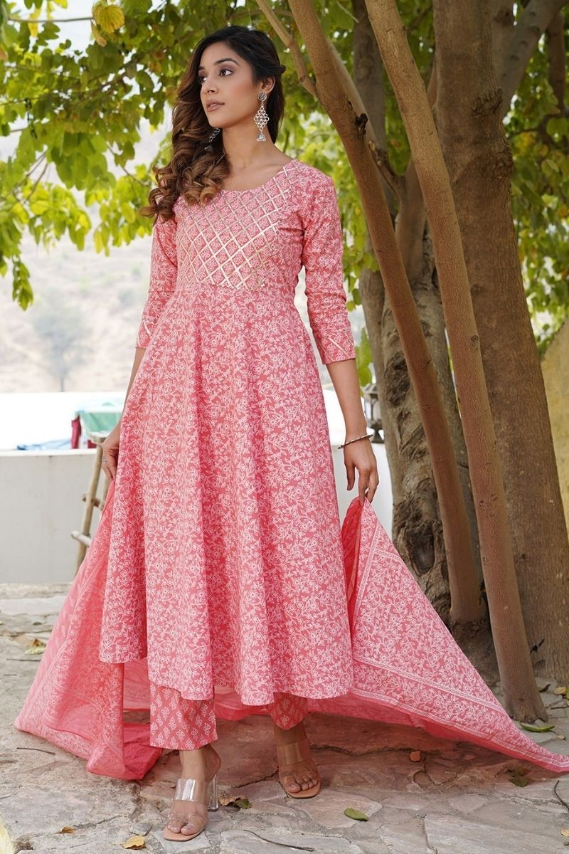Pink Floral Cotton Kurta Set with Dupatta KF