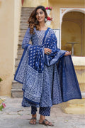 Blue Floral Cotton Kurta Set with Dupatta KF