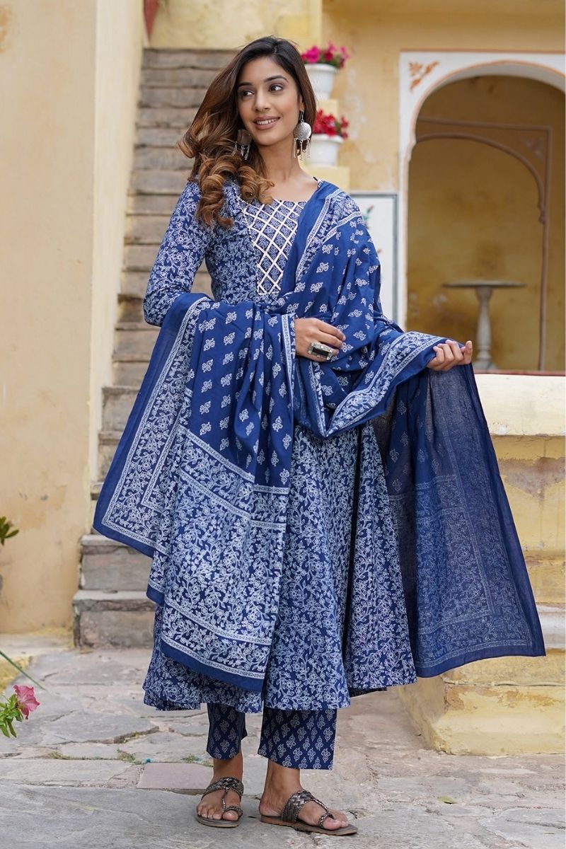 Blue Floral Cotton Kurta Set with Dupatta KF