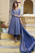 Blue Floral Cotton Kurta Set with Dupatta KF