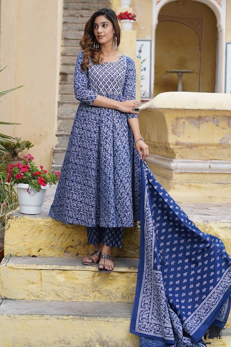 Blue Floral Cotton Kurta Set with Dupatta KF