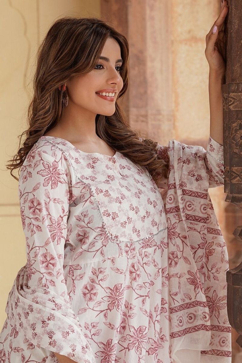 Ivory & Dusty Rose Floral Cotton Voile Kurta Set with Dupatta KF