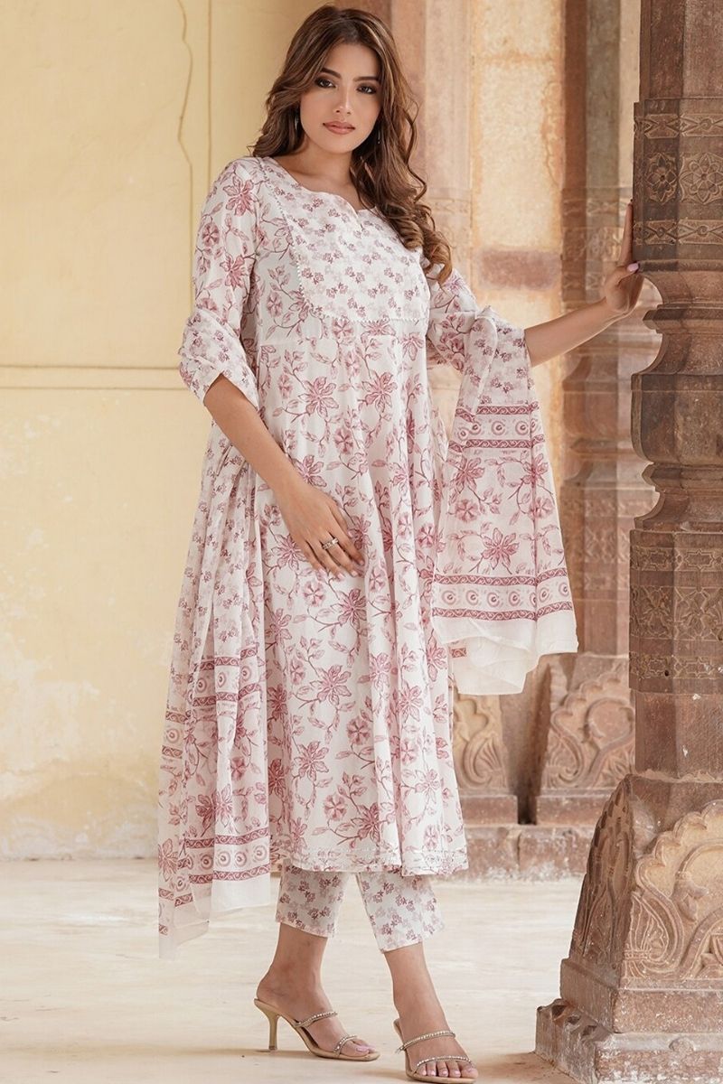 Ivory & Dusty Rose Floral Cotton Voile Kurta Set with Dupatta KF