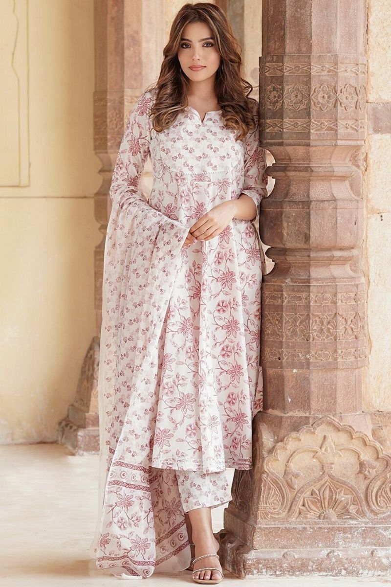 Ivory & Dusty Rose Floral Cotton Voile Kurta Set with Dupatta KF