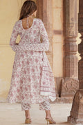 Ivory & Dusty Rose Floral Cotton Voile Kurta Set with Dupatta KF