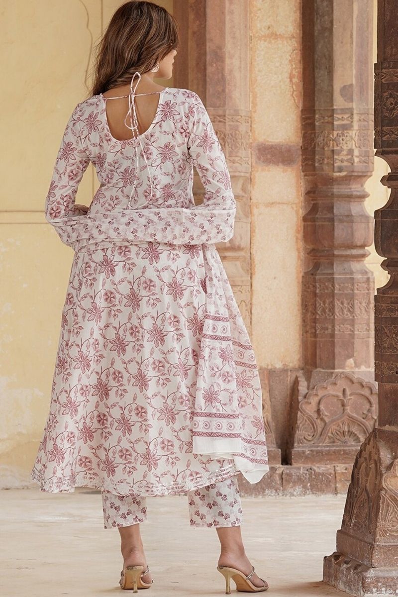 Ivory & Dusty Rose Floral Cotton Voile Kurta Set with Dupatta KF