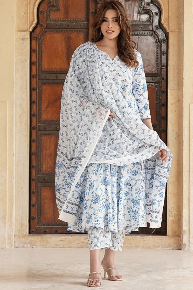 Ivory & Blue Floral Cotton Voile Kurta Set with Dupatta (S–6XL) KF