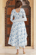 Ivory & Blue Floral Cotton Voile Kurta Set with Dupatta (S–6XL) KF