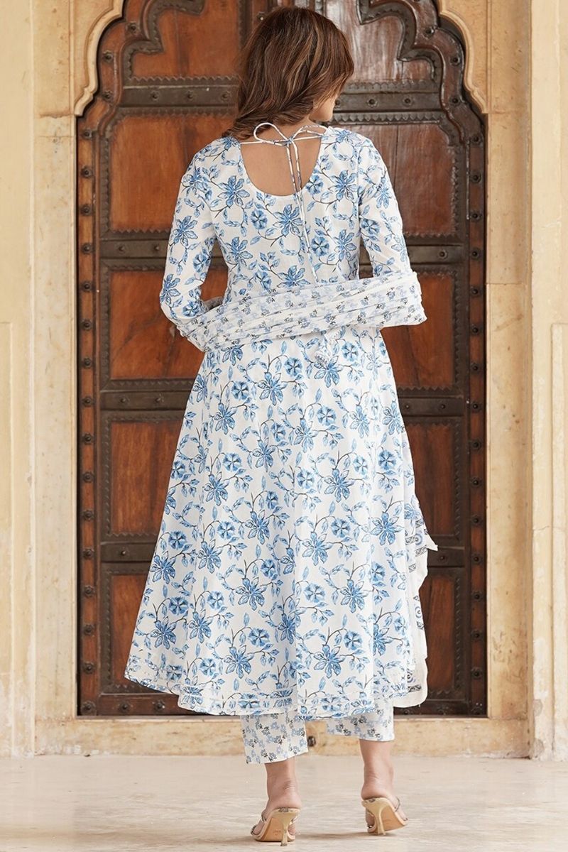 Ivory & Blue Floral Cotton Voile Kurta Set with Dupatta (S–6XL) KF