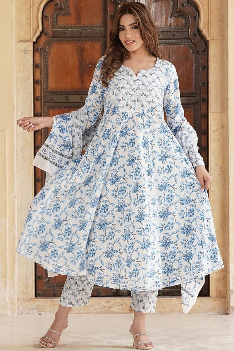 Ivory & Blue Floral Cotton Voile Kurta Set with Dupatta (S–6XL) KF