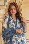 White & Blue Floral Cotton Voile Kurta Set with Dupatta KF