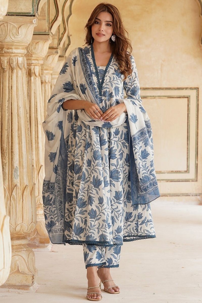 White & Blue Floral Cotton Voile Kurta Set with Dupatta KF