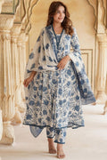 White & Blue Floral Cotton Voile Kurta Set with Dupatta KF