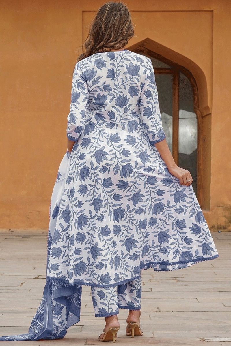 White & Blue Floral Cotton Voile Kurta Set with Dupatta KF