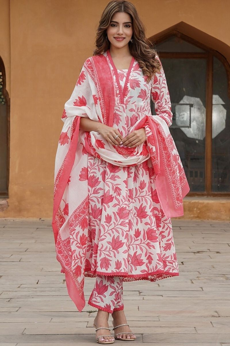White & Blue Floral Cotton Voile Kurta Set with Dupatta KF