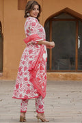 White & Blue Floral Cotton Voile Kurta Set with Dupatta KF