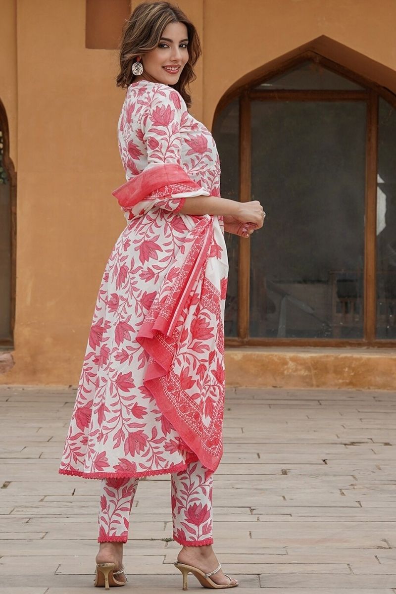 White & Blue Floral Cotton Voile Kurta Set with Dupatta KF