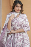 Ivory & Lilac Purple Floral Cotton Voile Kurta Set with Dupatta KF
