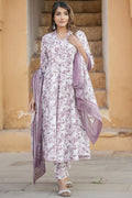 Ivory & Lilac Purple Floral Cotton Voile Kurta Set with Dupatta KF